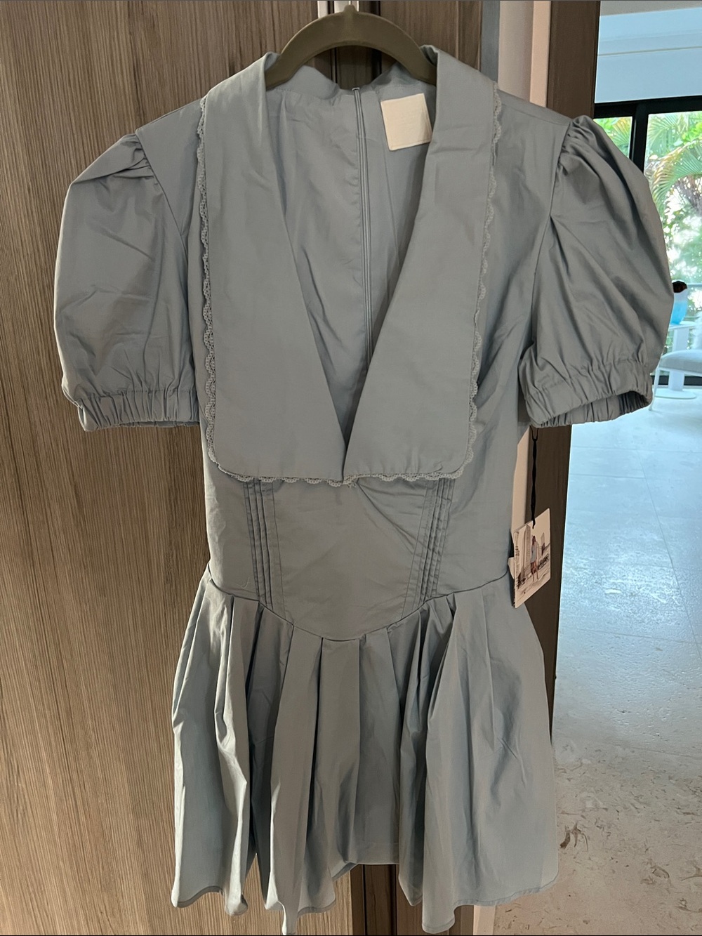 NWT ANTHROPOLOGIE x Grand Street Studio Light Blue Puff Sleeve flare Dress L - Picture 2 of 8